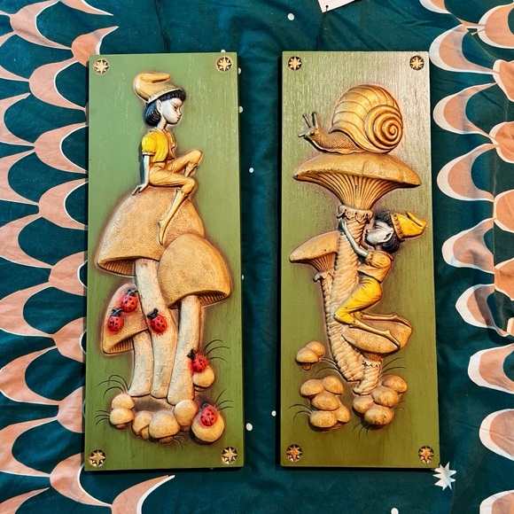 Vintage Other - 1970s Deadstock Burwood Products Co Arabesque Elves Mushroom Snail Wall Plaques